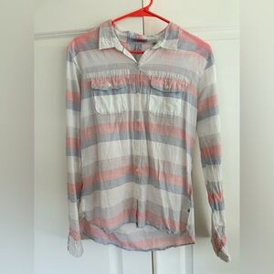Toad&Co White Button-Down Shirt with Coral and Light Blue Stripes